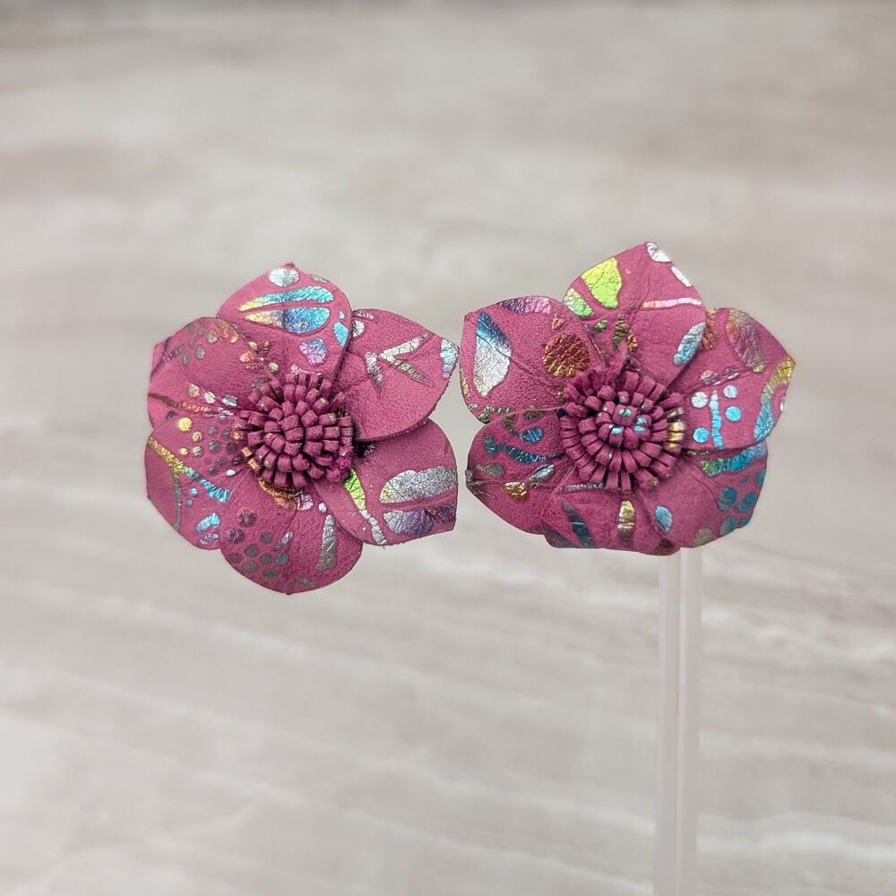 Vintage Clip On Earrings Extra Large Pink Flower Whimsical Statement Earrings
